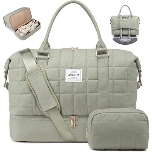 LOVEVOOK Travel Duffel Bag - Versatile Weekender Bag for Women, Puffer Carry On & Overnight Bag for Short Trips, Dark Green