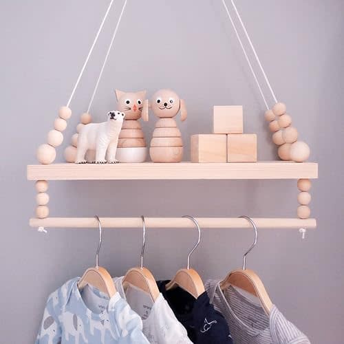 Macrame Wall Shelves, Wall Shelves for Decor, Boho Wall Hanging Shelf, Hanging Shelves for Wall with Wooden Beads and Towel Rack, for Bedroom, Living Room, Corridor Decoration(Wood)