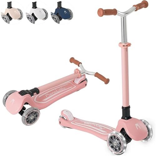 MomnLittle Kick Scooter for Kids Ages 3-10 (Beige/Pink/Navy/White) 3 Wheeled with LED Light-Up Wheels CPSC Certified Foldable and 4 Height Adjustable Toddler Scooters for Boys Girls