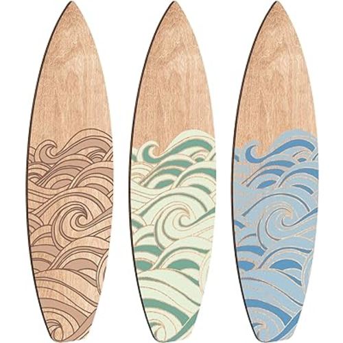 RattanView 3 Pieces Surfboard Wooden Beach Decor for Bedroom Surfboard Wall Decor Summer Surfboard Decor Wood Surfboard Wall Hanging Sign for Tropical Bedroom Living Room Decoration (Wave)