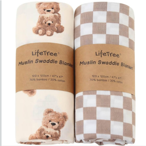 LifeTree Muslin Swaddle Blankets, Baby Swaddling Wrap Nursery Blanket Unisex, Soft 70% Viscose from Bamboo and 30% Cotton, Large 47 x 47 inches, Bear & Checkered Swaddle Blanket