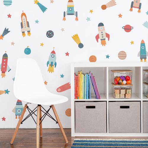 Space Wall Decals - Removable, Reusable Rocket Ship Wall Stickers - Watercolor Planet and Star Decals, Nursery Decor, Kids Room Wall Art