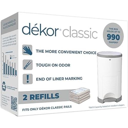 Diaper Dekor Classic Diaper Pail Refills | 2 Count | Most Economical Refill System | Quick & Easy to Replace | No Preset Bag Size Use Only What You Need | Exclusive End-of-Liner Marking, Multicolor