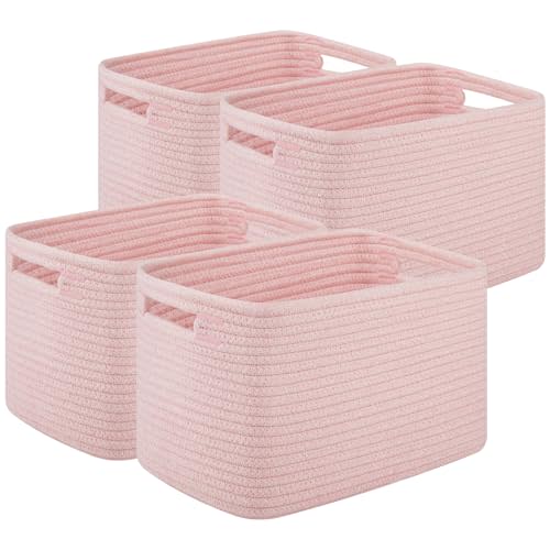 OIASKET Storage Baskets for Organizing, Woven Decorative Baskets for Shelves - Books, Towels, and Clothes, Cotton Rope Toy Storage Bins, 12.7''Lx9''Wx7.8''H, Pack of 4, Pink