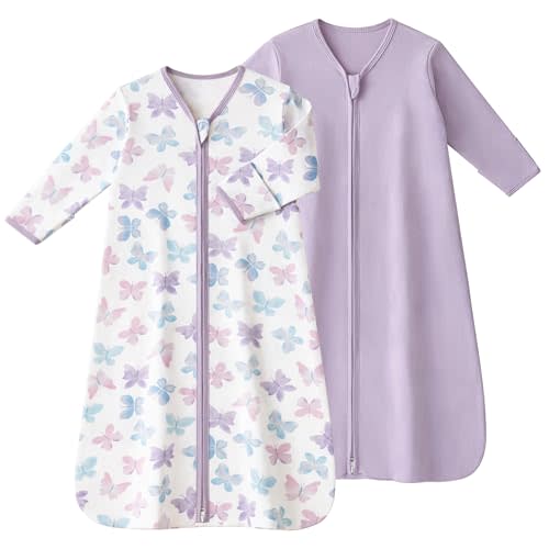Baby Sleep Sack 0-6 Months, Long Sleeve Baby Wearable Blanket 0.5 Tog with Mittens, 2-Way Zipper Newborn Cotton Sleeping Sack for Boy and Girl Purple Butterfly 2 Pack (Small)