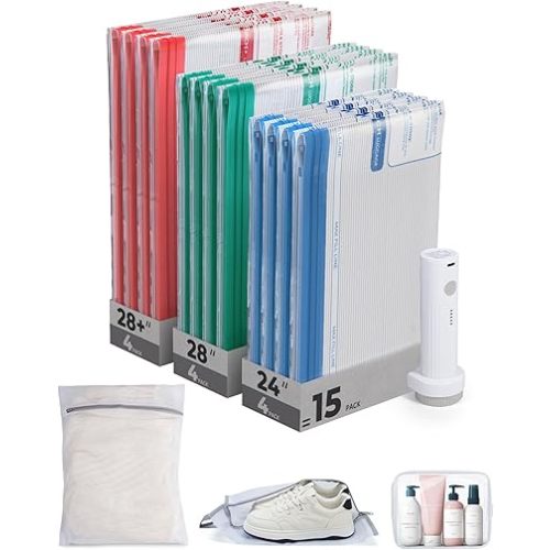 BAGSMART Vacuum Storage Bags for Travel with Rechargeable Air Pump, 15 Pack Portable Space Saver Bags for Travel & Home, Vacuum Compression Seal Bag for Clothing, Blanket, Duvets