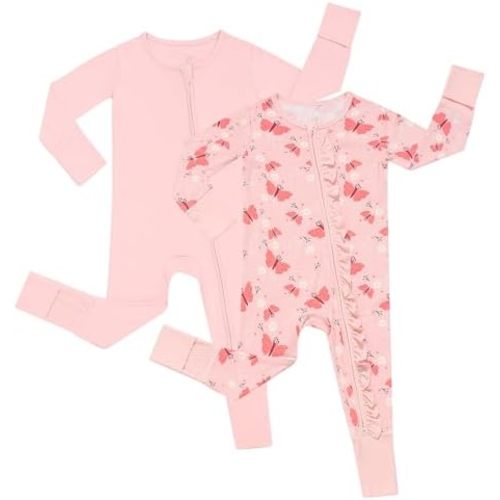 JunNeng 2Pcs Baby Girl Viscose from Bamboo Sleeper with Mitten Cuffs, 2 Way Zipper Romper, Sleep N' Play Pjs 0-18 Months