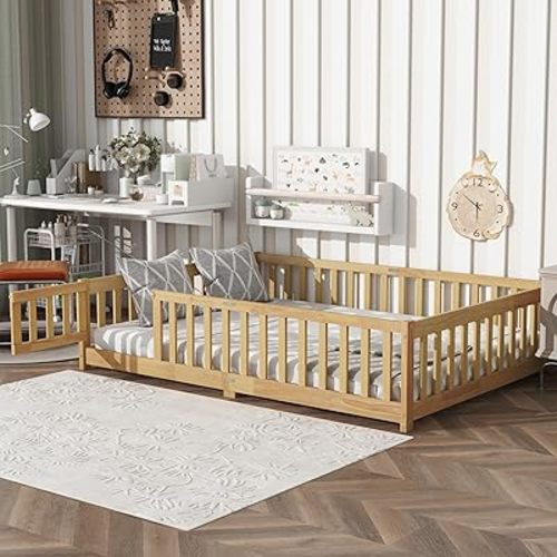 Full Size Floor Bed with Slats and Fence for Kids, Montessori Floor Bed with Door and Safety Guardrails,Wood Full Size Floor Bed Frame, Montessori Bed Full Size for Girls Boys,Natural