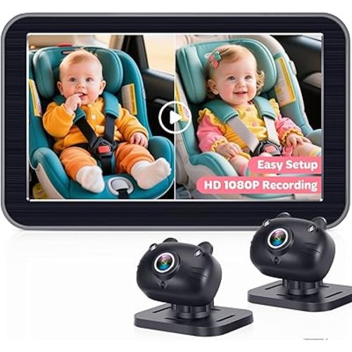 2-Kids Baby Car Camera Recording: 7” Split-Screen Display with HD 1080P Dual Backseat Cameras - Night Vision, 360° Rotation, Easy Installion for Twins & Siblings