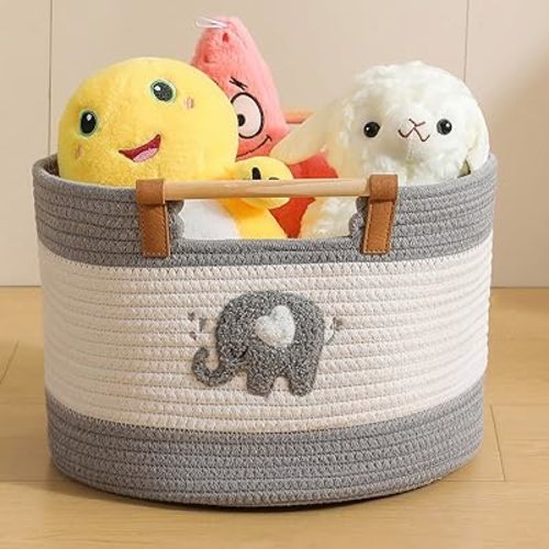 Cotton Rope Baskets for Kids Stuffed Animal Toys Storage for Nursery, Baby Baskets for Gifts Empty, Woven Basket with Wooden Handles Blanket Towel Toy 0rganizer Kids Blanket Storage Bins
