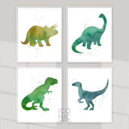 Set of 4 Dinosaur Prints, Watercolor Dinosaur Printables, Jurassic Art Digital Download, Dinosaur Kids Room Decor, Dinosaur Nursery Posters