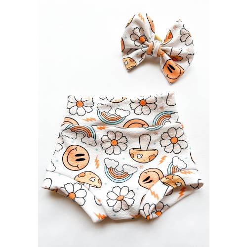 Baby Girl Toddler Hippie Boho Smiley face Mushroom Bummies Nylon Bow set 0-3 months-4t Shorties Headband diaper cover Rainbows Flowers