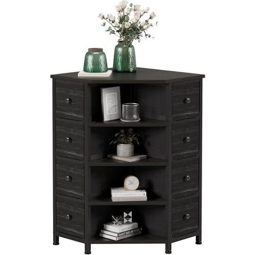 LUMTOK 8 Drawers Corner Dresser with Storage Fabric Drawers and Open Shelves for Small Space,Bedroom,Entryway,Living Room (Black Wood Veins)