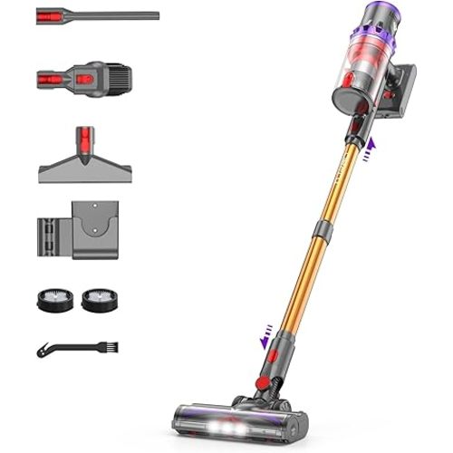 Coovy Cordless Vacuum Cleaner SU7, 580W 45Kpa 75 Minutes Runtime Stick Vacuum with Touch Screen, Anti-Tangle Wireless Powerful Lightweight Vac for Home Pet Hair Carpet Hardwood, Gold