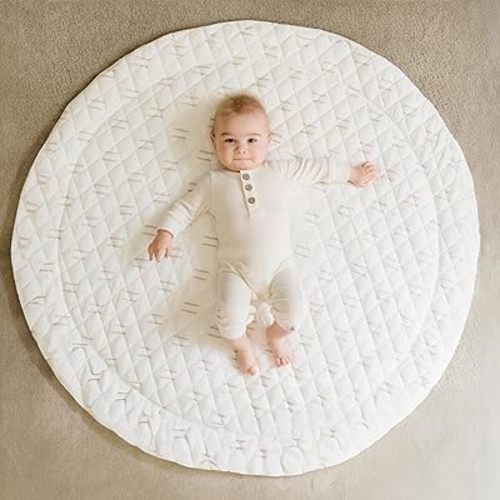 Poppyseed Play Baby Play Mat, Extra-Thick & Extra-Large Round Floor Pad, Designed for Tummy Time, Crawling, & Baby Activity Gyms, Foldable & Portable (Neutral Line, 43" Round)