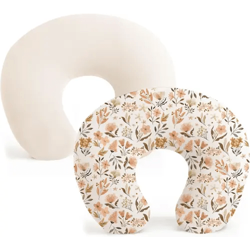 Konssy 2 Pack Nursing Pillow Covers, Stretchy and Soft Nursing Cover for Breastfeeding Pillows, Pillow Slipcover for Baby Girls Boys Newborn (Beige,Watercolour-Flower)
