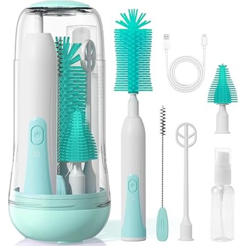 Electric Bottle Brush Cleaner, Baby Bottle Cleaning Kit with Nipple Straw Brushes Drying Rack ​​Soap Dispenser Rechargable Waterproof Multi-Purpose E-Brush Set for Travel & Home, Green