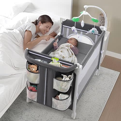 5 in 1 Baby Bassinet Bedside Sleeper Baby Crib, Portable Travel Bassinet for Baby Girl Boy, Pack and Play with Bassinet and Changing Table, Baby Playard for Infant Newborn