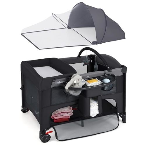 INFANS Baby Bassinet, 4 in 1 Nursery Center Pack and Play Baby Playard with Changing Table, Mosquito Net, Storage Basket, Travel Bag for Newborn 0-36 Months (Black)