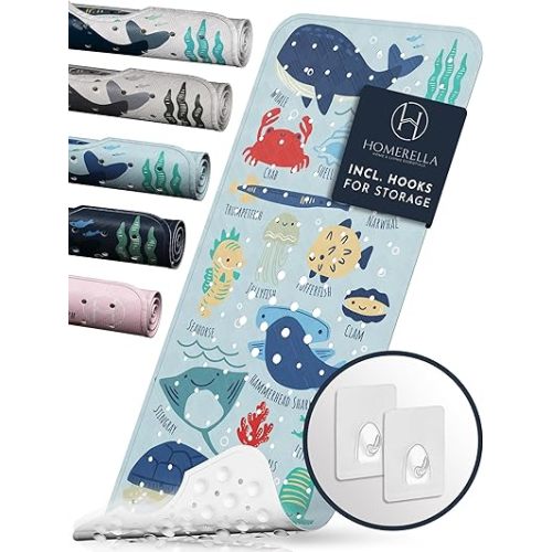 Homerella Baby Bath Tub Mat | Anti Mold Mildew Resistant Non Slip Kids and Adult Bath Tub Shower Mats | 40x16 inch Long with Suction Cups for Secure Grip Hooks for Storage & Drying | Machine Washable