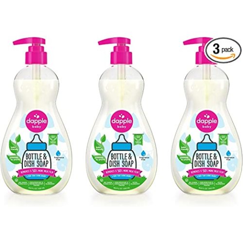 Dapple Baby Bottle Soap, Hypoallergenic Dish Soap for Baby Bottles, Powered by Plants, 1 Pump Included, Packaging May Vary, Fragrance Free, 16.9 Fl Oz (Pack of 3)