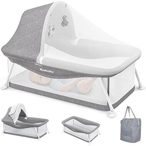 Ezebaby Portable Travel Bassinet for Baby 0-5 Months, Foldable Newborn Bassinet Baby Bed Infant Crib with Padded Mattress, Canopy, Mosquito Net, Carrying Bag