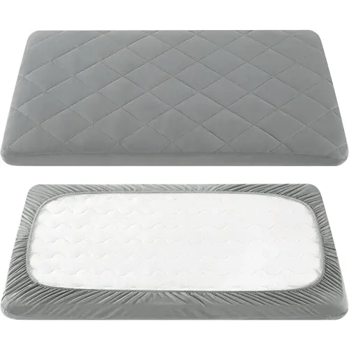 TILLYOU Pack and Play Sheet - Soft Quilted Crib Cover Pad, Toddlers Mattress Protector with 1''-3'' Deep Pocket, Thick Play Yard Playpen Sheets, Breathable Fluffy Crib Mattress Pad, 39"x27", Grey