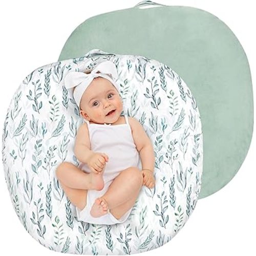 Newborn Lounger Cover, Soft Comfortable Baby Lounger Cover, 1 Pack Reversible Removable Slipover for Infant Lounger Pillow, Green Leaf (Lounger not Included)
