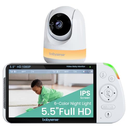 Babysense 5.5” 1080p Full HD Split Screen Baby Monitor, Video Baby Monitor with Camera and Audio, PTZ Camera, RGB Night Light, 1000ft Range, Two-Way Audio, 4X Zoom, 5000mAh Battery