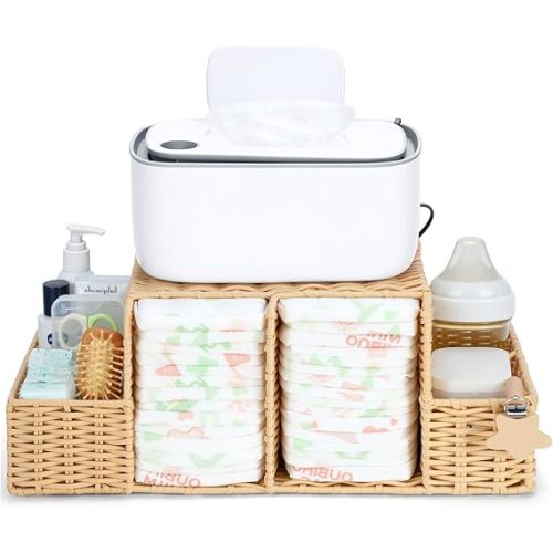 Diaper Caddy Organizer, Hand Rattan Nursery Storage Basket for Baby Essentials, Baby Changing Table Organizer Perfect Nursery Assistant (Natural Woven, L)