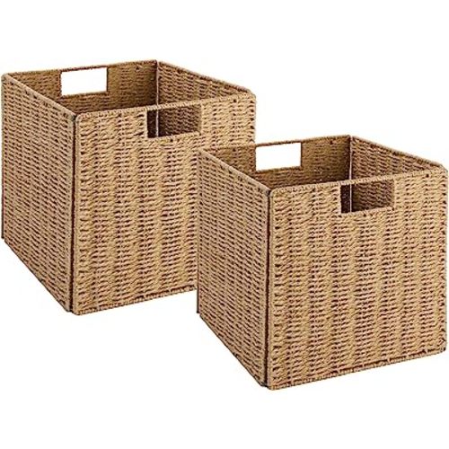 Vagusicc Wicker Storage Basket, Set of 2 Hand-Woven Storage Baskets for Shelves with Handles Foldable Cube Storage Baskets Bins, 9 inch Wicker Baskets for Pantry Bedroom Organizer &Decor, Natural