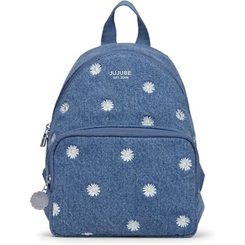 JuJuBe Mini Diaper Bag Backpack, Machine Washable Travel Backpack w/Adjustable Straps & 2 Pockets for Baby Bottles, Diapers, Pacifiers, Snacks, Changing Pad & Daily Essentials, Denim & Daisies (Blue)