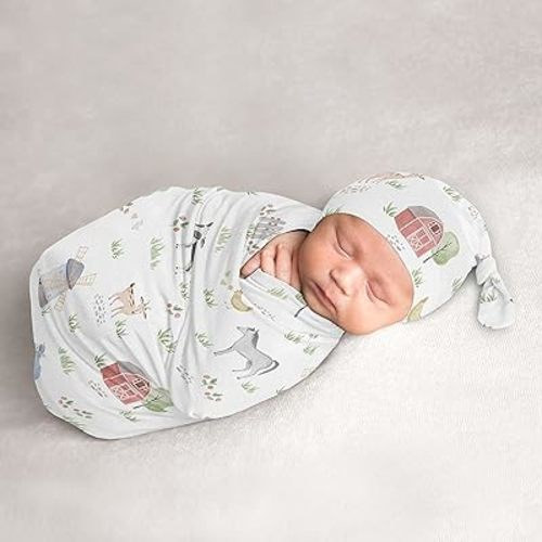 Sweet Jojo Designs Farm Animals Boy Girl Cocoon and Beanie Hat Set Jersey Stretch Knit Sleeping Bag for Infant Newborn Nursery Sleep Wrap Sack - Watercolor Farmhouse Horse Cow Sheep Pig Gender Neutral