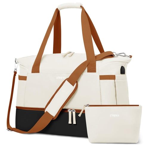ETRONIK Gym Bag for Women, Personal Item Travel Duffel Bag with Shoes Compartment, Weekender Overnight Bag with Wet Pocket & USB Charging Port, Carry On Bag for Women, Travel (Black White Brown)