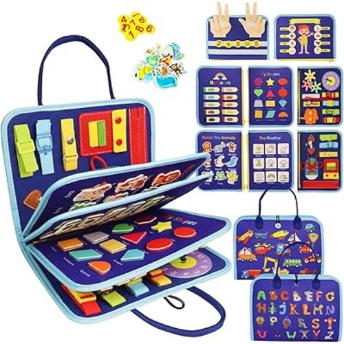 Busy Book for Toddlers 1-3, Montessori Toys Busy Board for 1 2 3 4 Year Old Boy Girl Birthday Gift - 5 in 1 Quiet Activity Book with Life Skills, Cognition, Sorting, Matching, Blue
