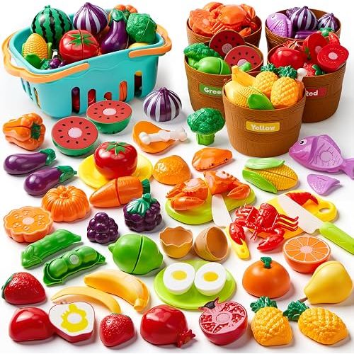 JOYIN Learning Toys Play Food Set for Toddlers, Cutting Food for Preschool Activities, Play Kitchen Accessories, Educational Toys, Color Sorting Set for Boys & Girls, Back to School Gifts for Toddlers