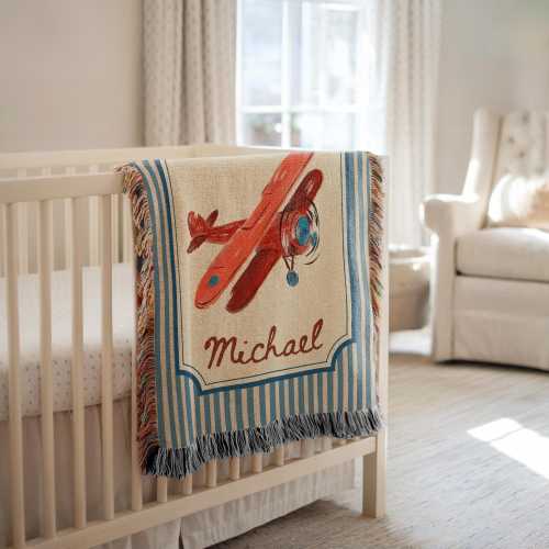 Airplane Baby Blanket Travel Baby Name Woven Blanket With Airplanes Gift Adventure Nursery Decor World Map Baby Shower Gift Aviation Gifts