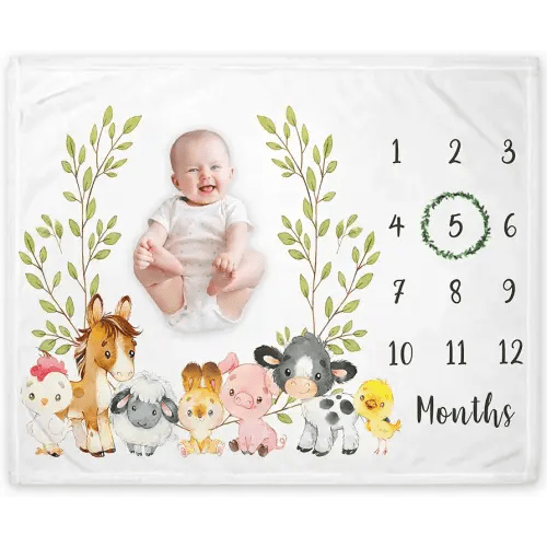 Yuzioey Farm Animals Milestone Blanket, Farm Baby Growth Chart Monthly Blanket, Watch Me Grow Baby Nursery for New Moms Baby Shower, Horse Cow Sheep Pig, Includes Marker (50"x40")