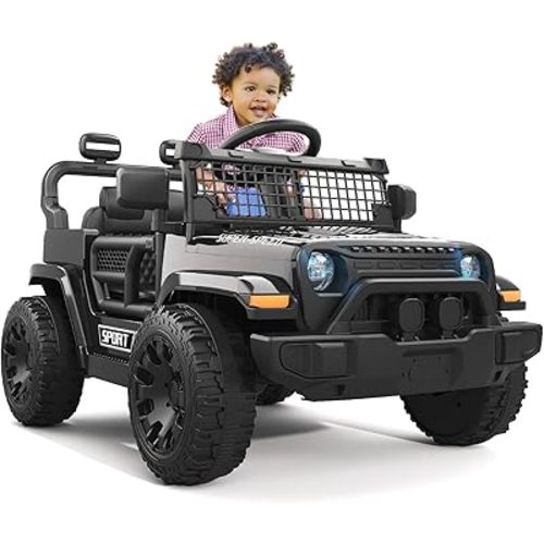 12V Ride on Truck Car with Parent Remote Control, Electric Toys with Spring Suspension, LED Lights & Music Player - Safe Toddler Battery Car for Kids, Easy to Assemble, Black
