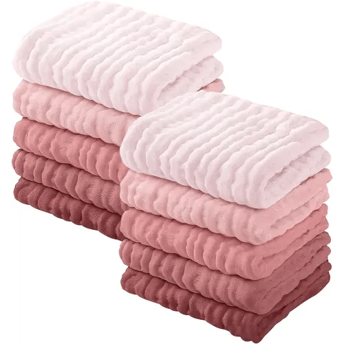 Yoofoss Muslin Baby Washcloths 100% Organic Cotton Face Towels 10 Pack Wash Cloths for Baby 12x12in Soft and Absorbent Baby Wipes (Gradient Pink)
