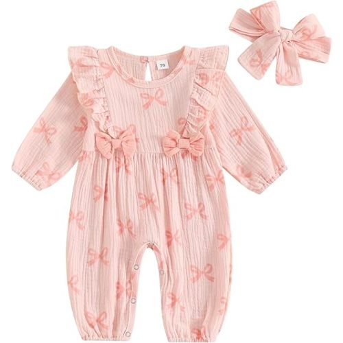 Kayotuas Newborn Baby Girl Halloween Outfit Ruffle Long Sleeve Pumpkin Romper Jumpsuit with Headband Fall Halloween Clothes