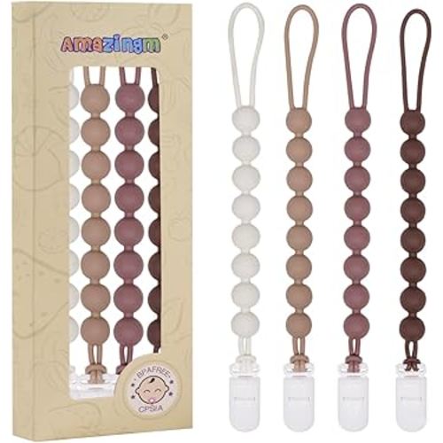 One Piece Design Silicone Pacifier Clip Holder for Baby Boys and Girls,Flexible Pacifier Leashes,Soft Teether Clip for Newborns,4-Pack. (Brown)