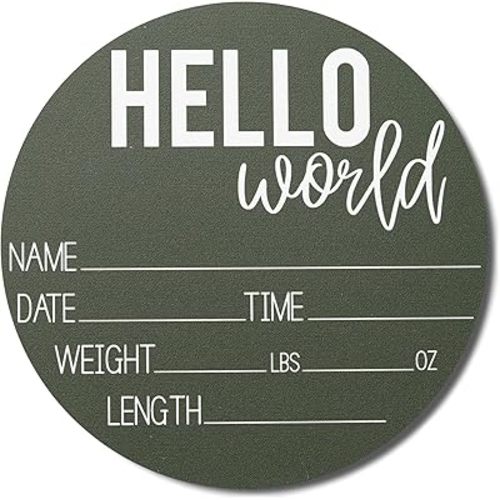 Hickory Hollow Designs - Baby Announcement Sign for Newborn Boys and Girls (Color Bases) - Hello World Nursery Decor Sign & Photo Prop for Babies Made of Birch Wood - 6" Circle Board (Green)