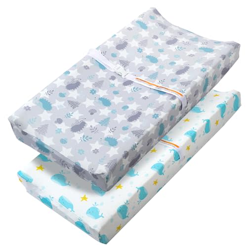 FHMJYH Changing Table Pad Cover Elastic Changing Pad Cover Premium Baby Changing Pad Cover 2 Pack for Boys Girls Soft and Comfortable (Baby Whale and Hedgehog)