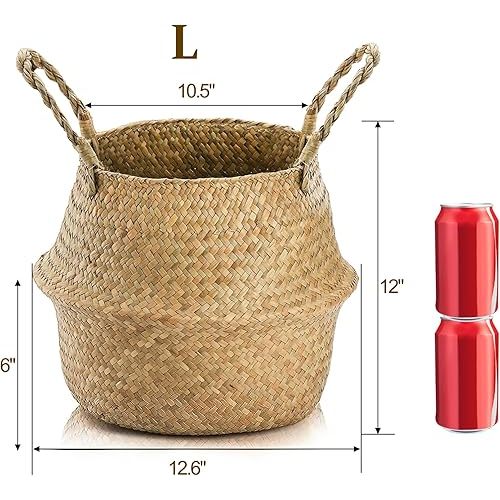 Yesland 2 Pack Woven Seagrass Plant Basket with Handles, Ideal Wicker Baskets Storage Plant Pot Baskets for Laundry, Picnic, Plant Pot Cover, Beach Bag and Grocery Basket (L)