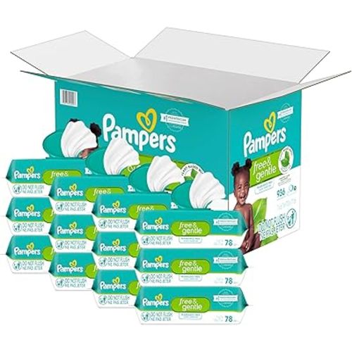 Pampers Baby Wipes, Free & Gentle, Hypoallergenic and Unscented Wipe, 100% Plant Based, Plastic-Free for Babies, 936 Total (12 Flip-Top Packs)