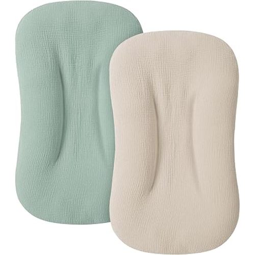 Muslin Baby Cover for Newborn, Soft and Breathable 100% Cotton Lounger Slipcover Neutral, Pack of 2(Green, Ivory)