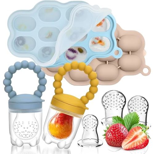 Silicone Baby Fruit Food Feeder, 2 Pack Freezer Tray with lid for Batch Prep,Introduce New Foods, Breastmilk Popsicle Molds, Silicone Teething Toys, Includes 6 Extra Food Pacifier