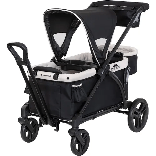 Baby Trend Expedition 2-in-1 Collapsible Stroller Wagon Plus with Canopy, Storage Basket, 2 Storage Trays, and 6 Bottle Holders, Modern Khaki