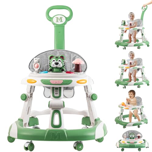 Baby Walker, 4-in-1 Foldable Baby Walkers and Baby Activity Center with Toys Tray,3-Gear Height Adjustable Infant Toddler Baby Walker with Wheels for Baby Boys and Girls 6-24 Months(Green)